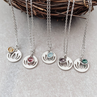 Silver Lotus Birth Stone Necklaces