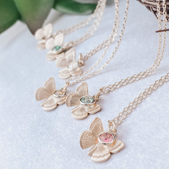 Gold Butterfly Birth Stone Necklace