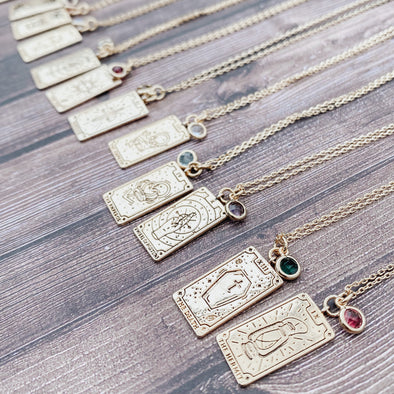 Gold Tarot Card Necklace with Birth Stone Charm