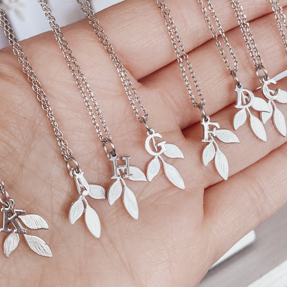 Silver Leaf Alphabet Necklaces